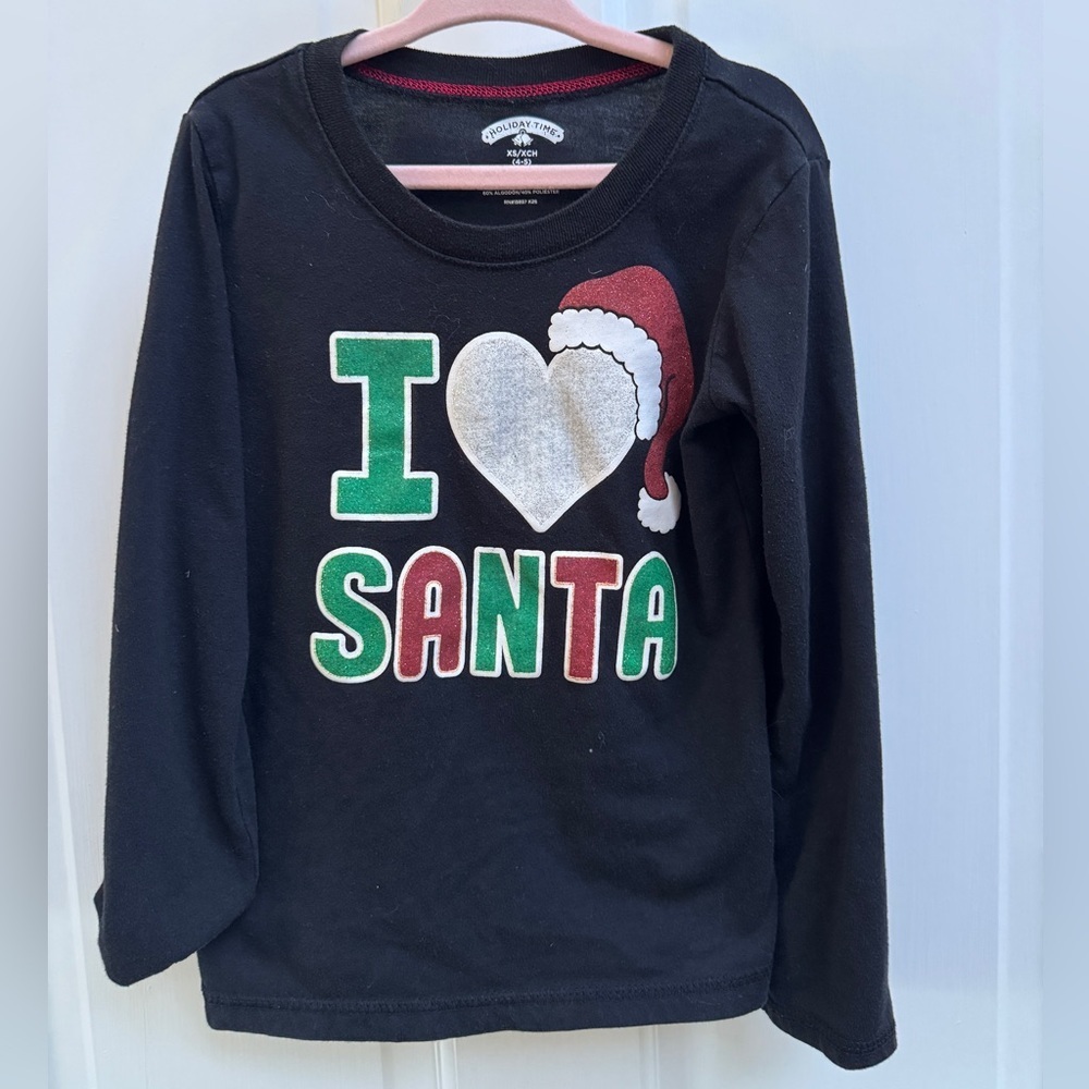 Holiday Time Girls Size 4-5 Long Sleeve Shirt Top I Love Santa Christmas Holiday